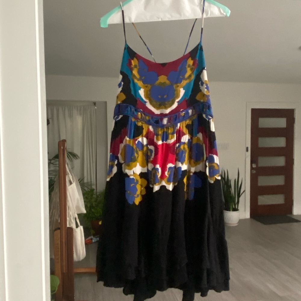 Free People Black Mini Dress with Blue, Yellow & Red Floral Accents